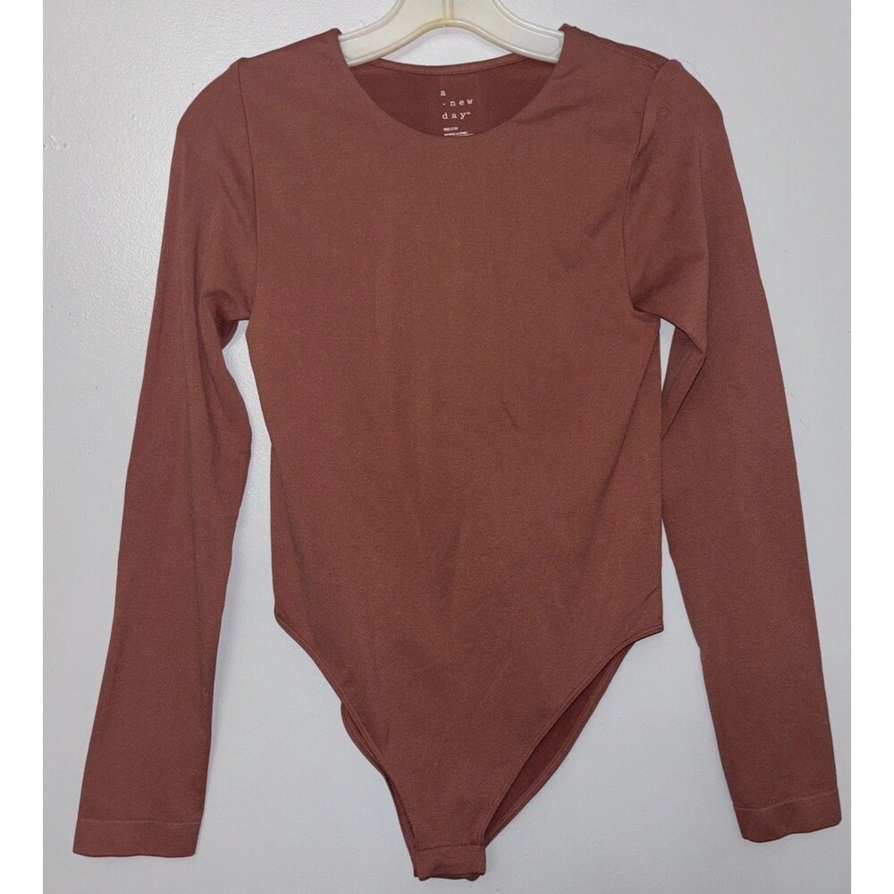 A New Day Women's Long Sleeve Bodysuit Medium Brown  Stretch Size Med